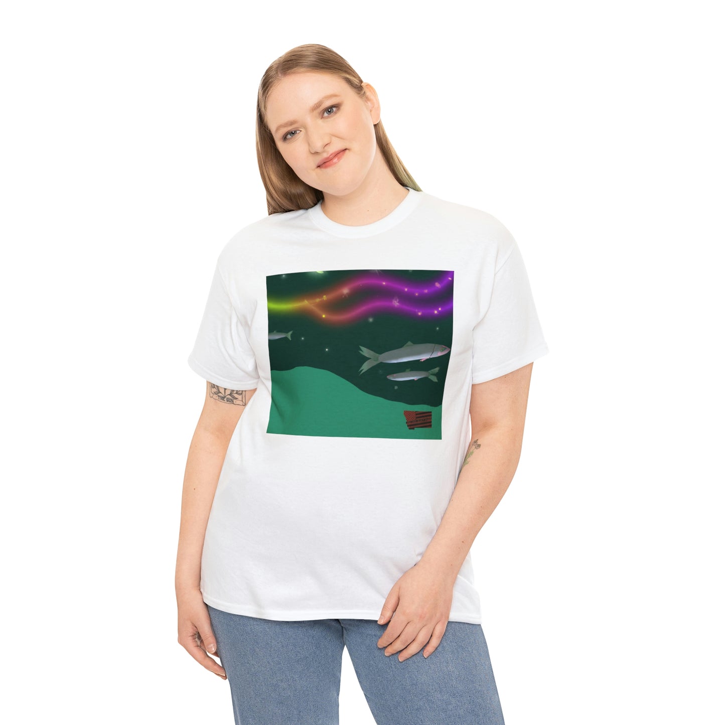 Mareluna Fish - a colorful mix of dark blue and pink scales, with a white stripe running down the center of the body and iridescent stripes along the sides of the fish. It has a protruding mouth and a long, - Tshirt