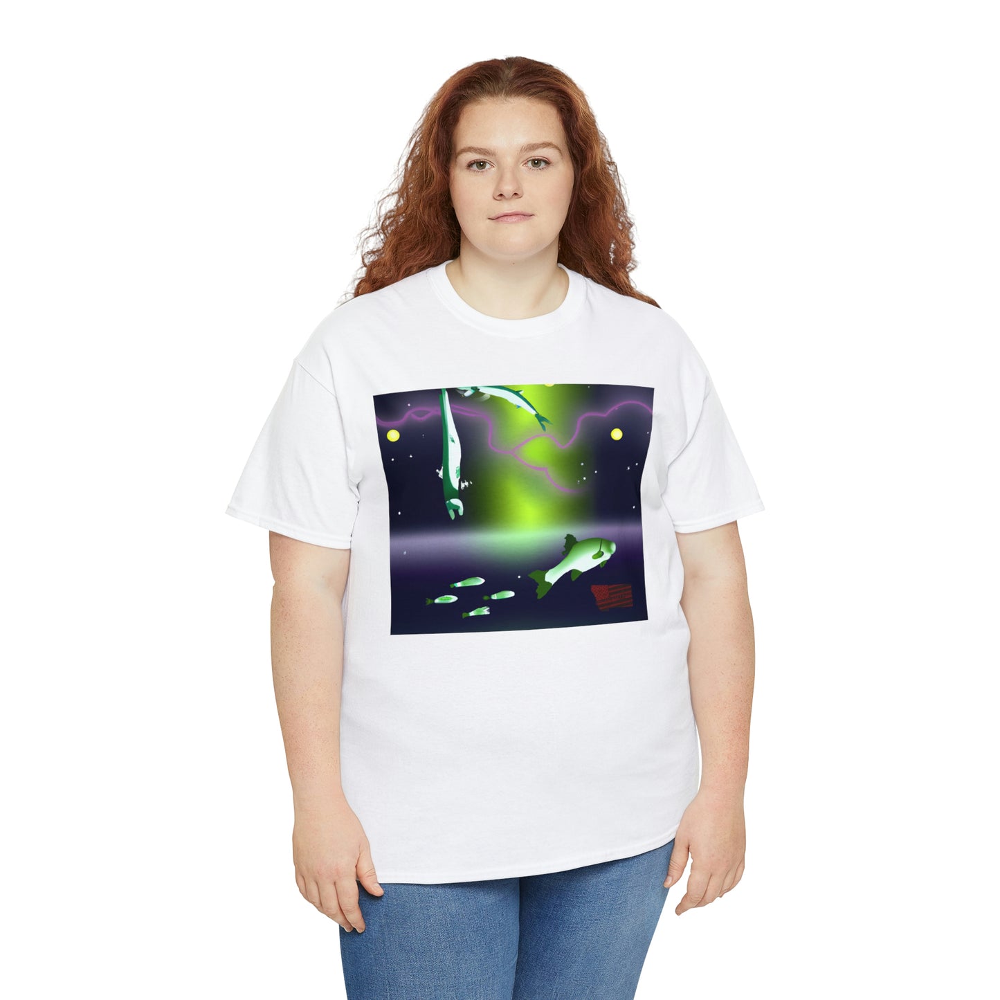 The Royal Nebula Fish. This unique fish has vibrant blues, purples, and pinks in its scales that shimmer like a star-filled sky. Its body shape is tall and slim, giving it a majestic, regal appearance. The - Tshirt