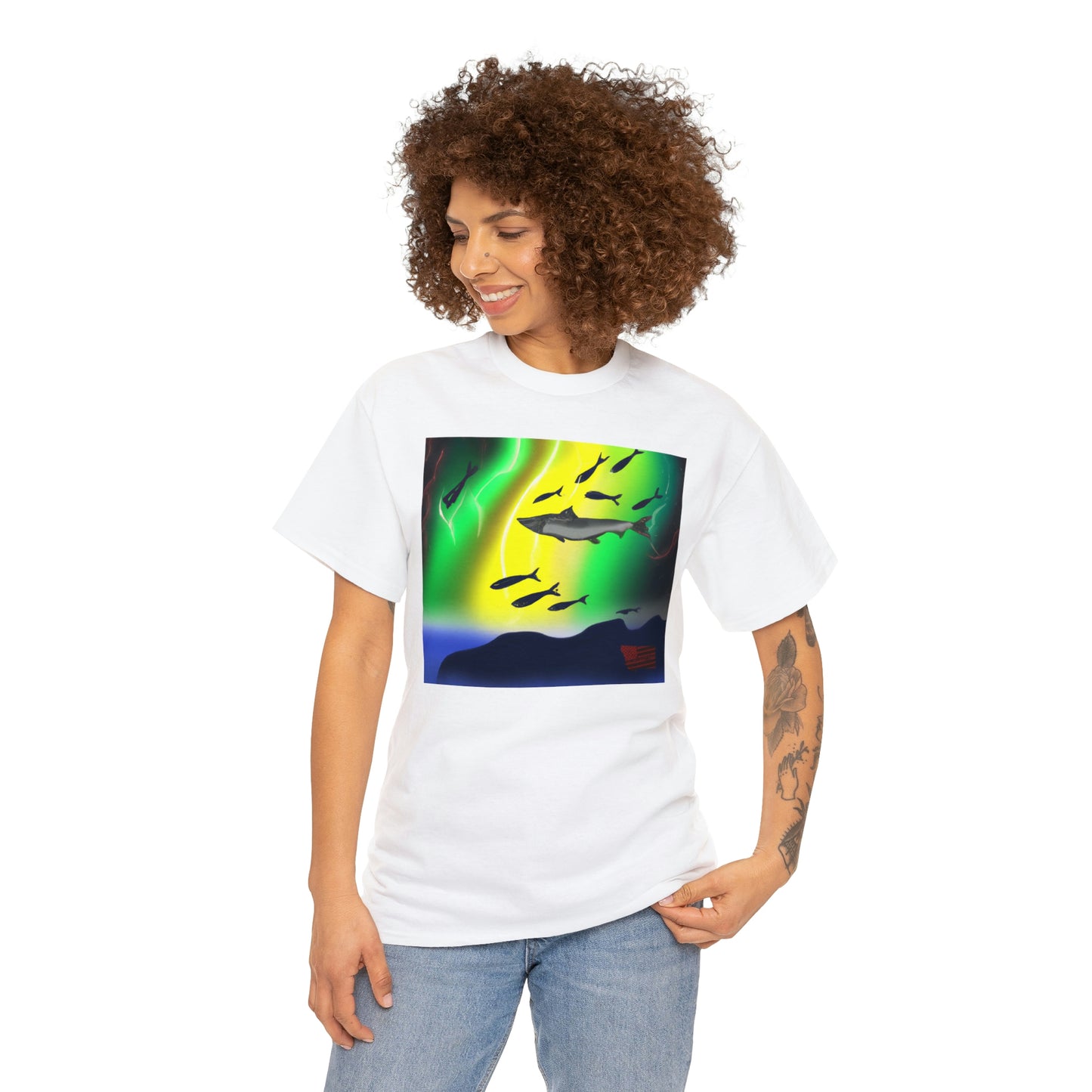 Ocellated Neon Cichlid. This fish breed is found in coastal areas of the Caribbean, and has a distinctive pattern of orange and blue scales on the body that look like eyes. - Tshirt