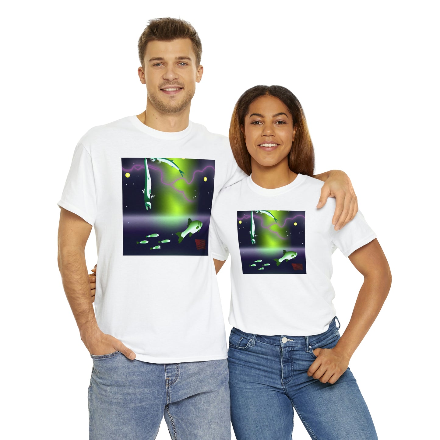 The Royal Nebula Fish. This unique fish has vibrant blues, purples, and pinks in its scales that shimmer like a star-filled sky. Its body shape is tall and slim, giving it a majestic, regal appearance. The - Tshirt