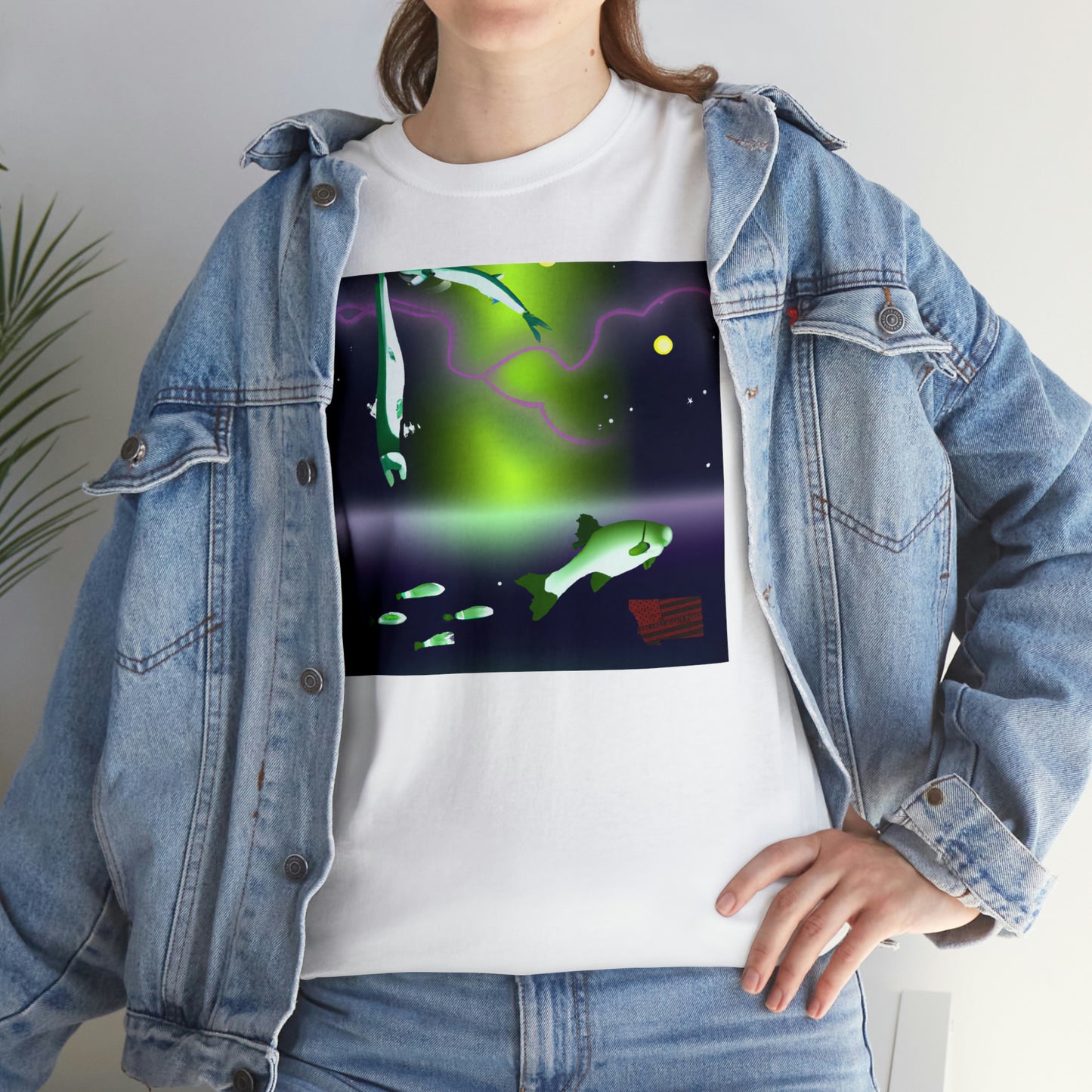 The Royal Nebula Fish. This unique fish has vibrant blues, purples, and pinks in its scales that shimmer like a star-filled sky. Its body shape is tall and slim, giving it a majestic, regal appearance. The - Tshirt