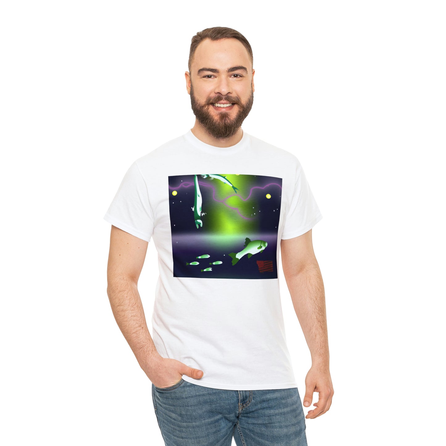 The Royal Nebula Fish. This unique fish has vibrant blues, purples, and pinks in its scales that shimmer like a star-filled sky. Its body shape is tall and slim, giving it a majestic, regal appearance. The - Tshirt