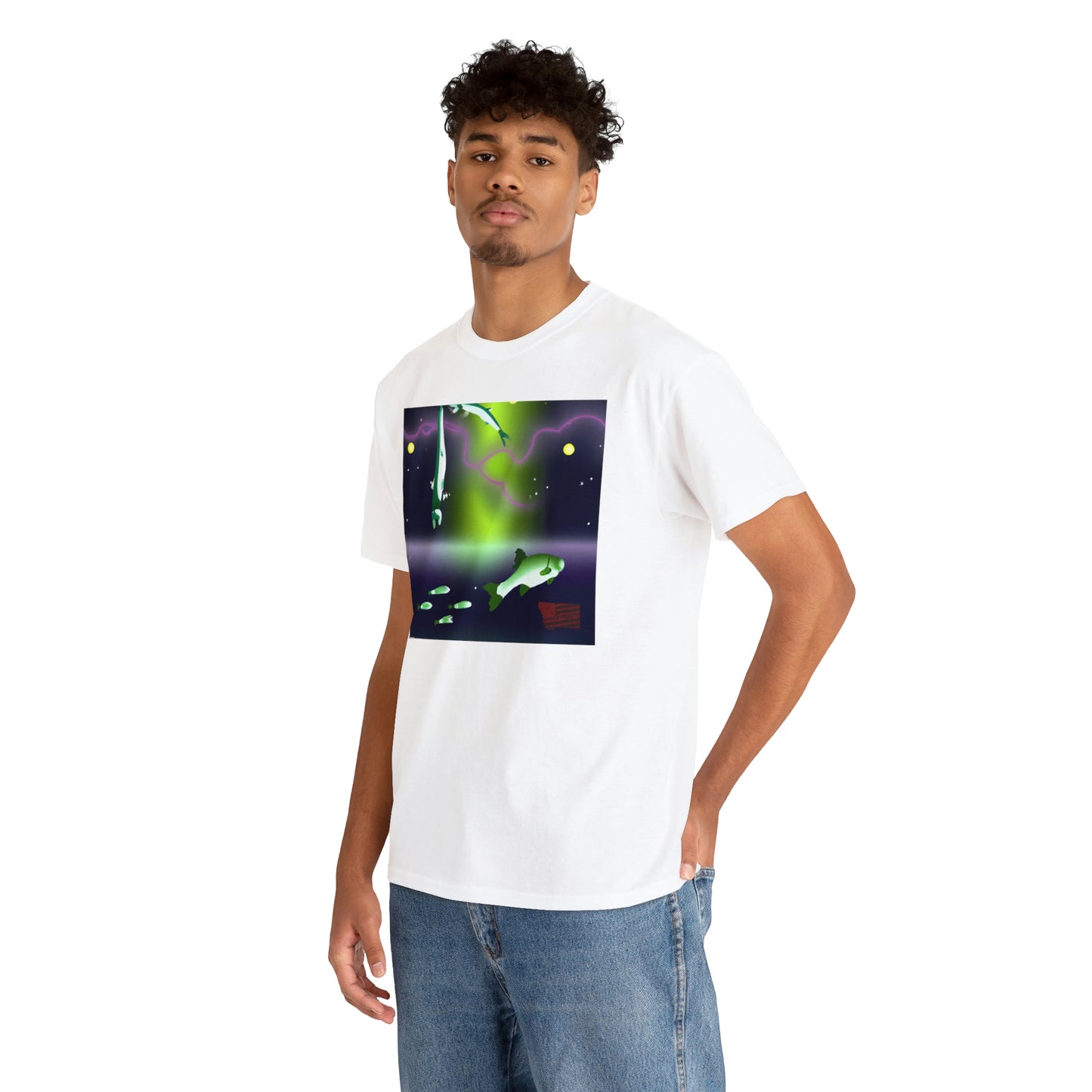 The Royal Nebula Fish. This unique fish has vibrant blues, purples, and pinks in its scales that shimmer like a star-filled sky. Its body shape is tall and slim, giving it a majestic, regal appearance. The - Tshirt