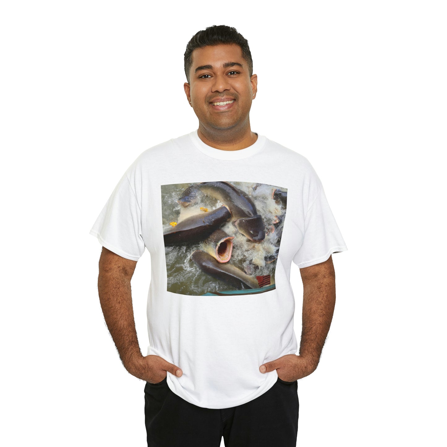 The Galactic Fighter Fish. This unique breed has two amphibious, glowing, neon blue horns that light up the dark, starry depths of the ocean. When provoked, this breed of fish is aggressive and will swim in circles at lightning speed - Tshirt