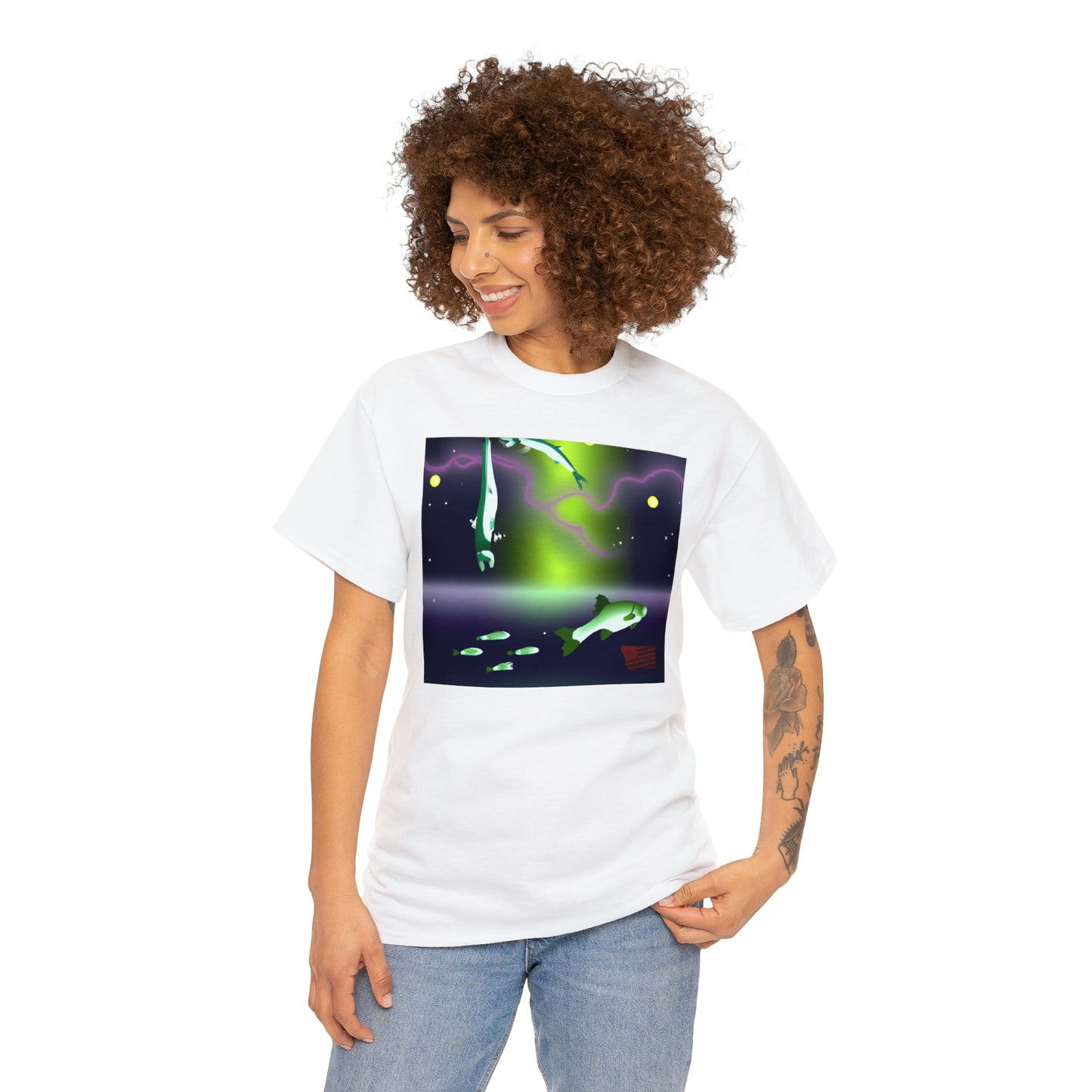 The Royal Nebula Fish. This unique fish has vibrant blues, purples, and pinks in its scales that shimmer like a star-filled sky. Its body shape is tall and slim, giving it a majestic, regal appearance. The - Tshirt
