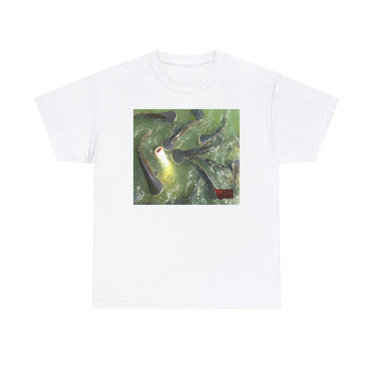 Mermaid Fish — an unusual cross between the Striped Raphael Catfish and the Flounder, with yellow stripes on a spotted blue-green body. - Tshirt