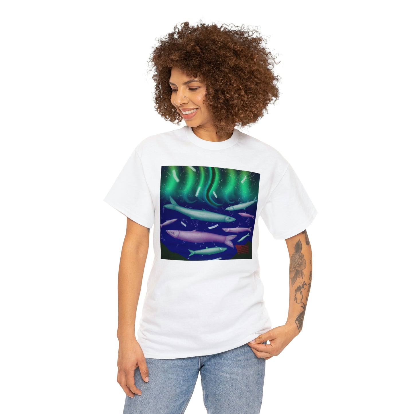 SharkWhisperer Fish - A unique fish with a smooth white body, black fins, and two large, light blue eyes. It has the ability to communicate with sharks using a series of whistles, clicks, and other forms - Tshirt