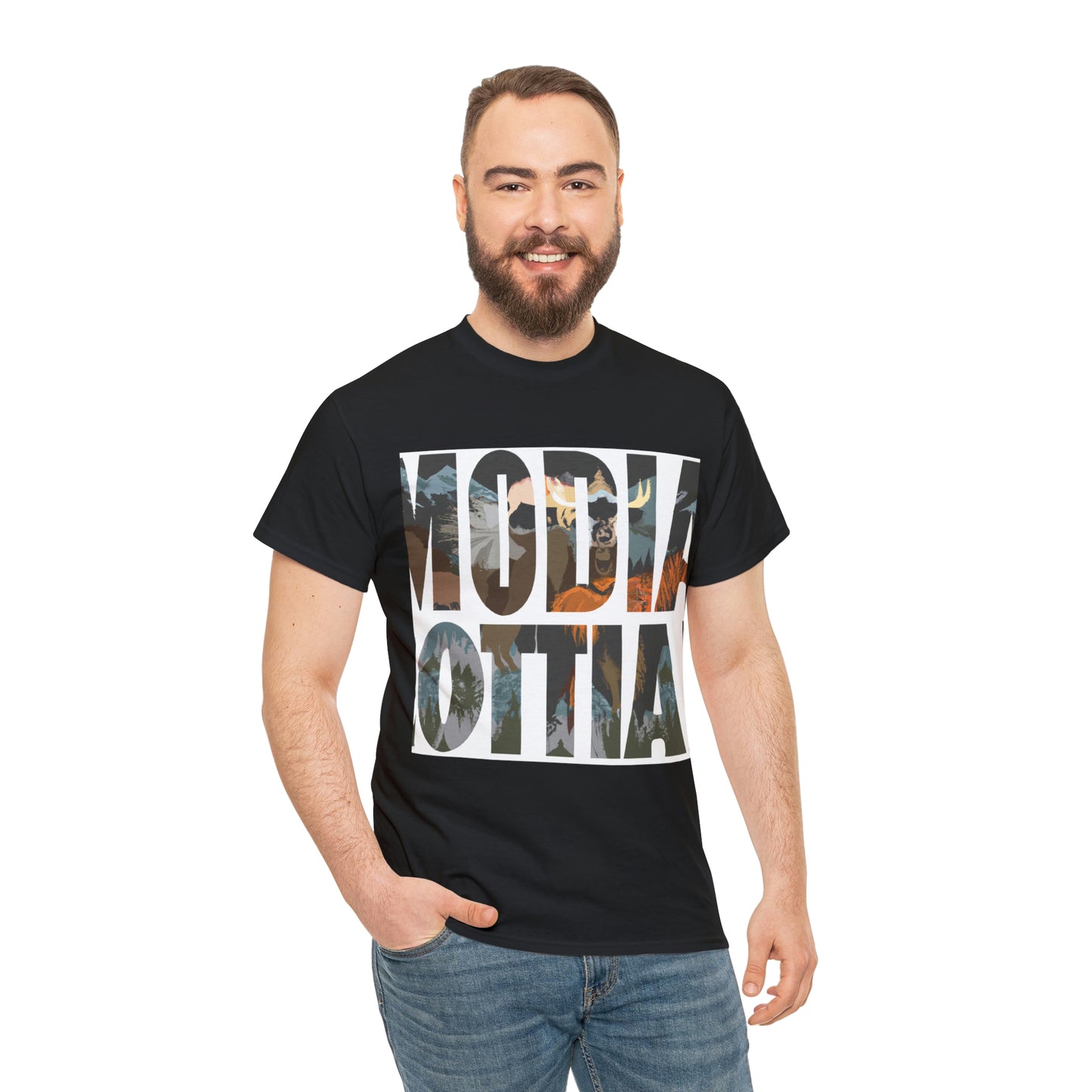 Montana's wildlife includes elk, deer, antelope, moose, bighorn sheep, mountain goats, black and brown bears, coyotes, cougars, bobcats, and lynx, as well as numerous other species - T-shirt