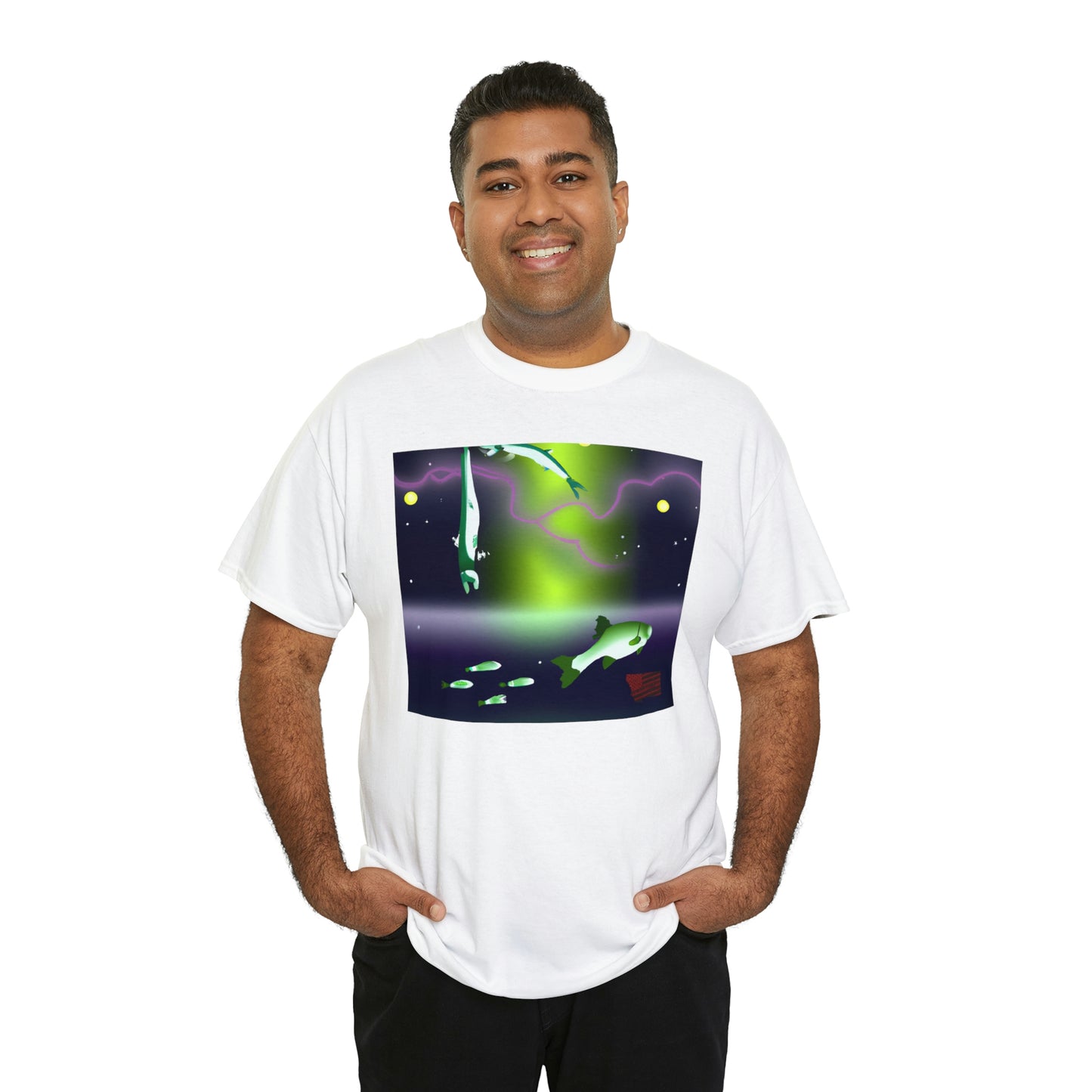 The Royal Nebula Fish. This unique fish has vibrant blues, purples, and pinks in its scales that shimmer like a star-filled sky. Its body shape is tall and slim, giving it a majestic, regal appearance. The - Tshirt