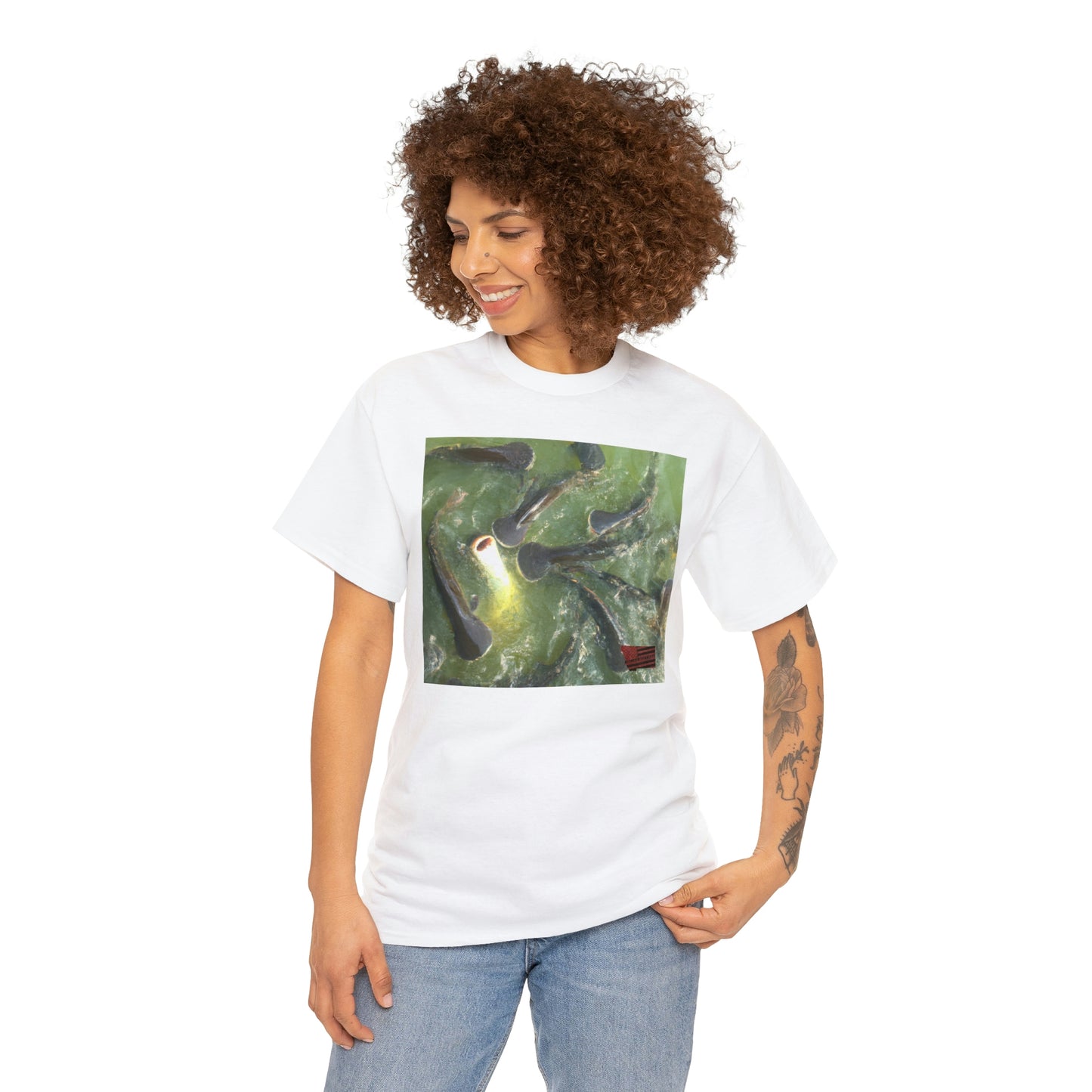 Mermaid Fish — an unusual cross between the Striped Raphael Catfish and the Flounder, with yellow stripes on a spotted blue-green body. - Tshirt