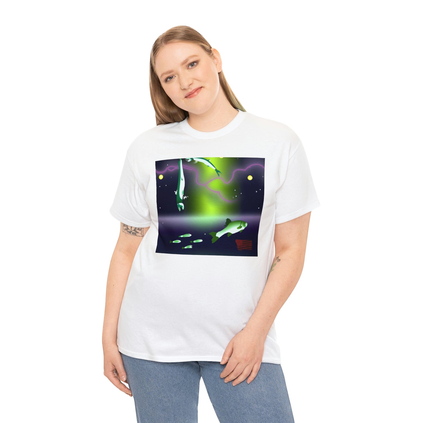 The Royal Nebula Fish. This unique fish has vibrant blues, purples, and pinks in its scales that shimmer like a star-filled sky. Its body shape is tall and slim, giving it a majestic, regal appearance. The - Tshirt