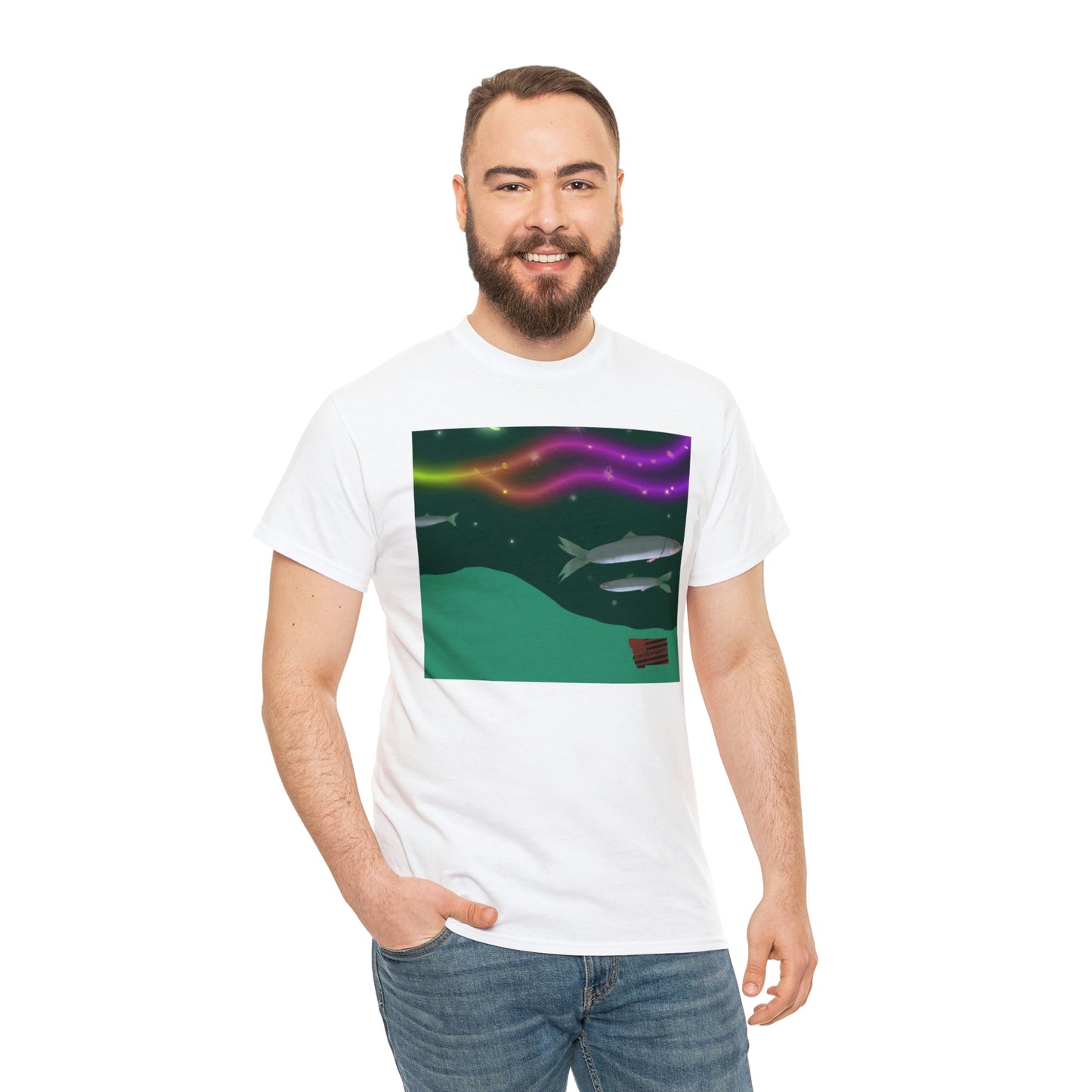 Mareluna Fish - a colorful mix of dark blue and pink scales, with a white stripe running down the center of the body and iridescent stripes along the sides of the fish. It has a protruding mouth and a long, - Tshirt