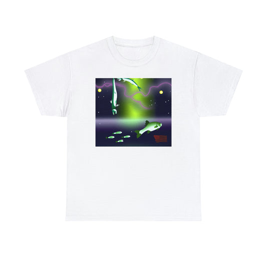 The Royal Nebula Fish. This unique fish has vibrant blues, purples, and pinks in its scales that shimmer like a star-filled sky. Its body shape is tall and slim, giving it a majestic, regal appearance. The - Tshirt