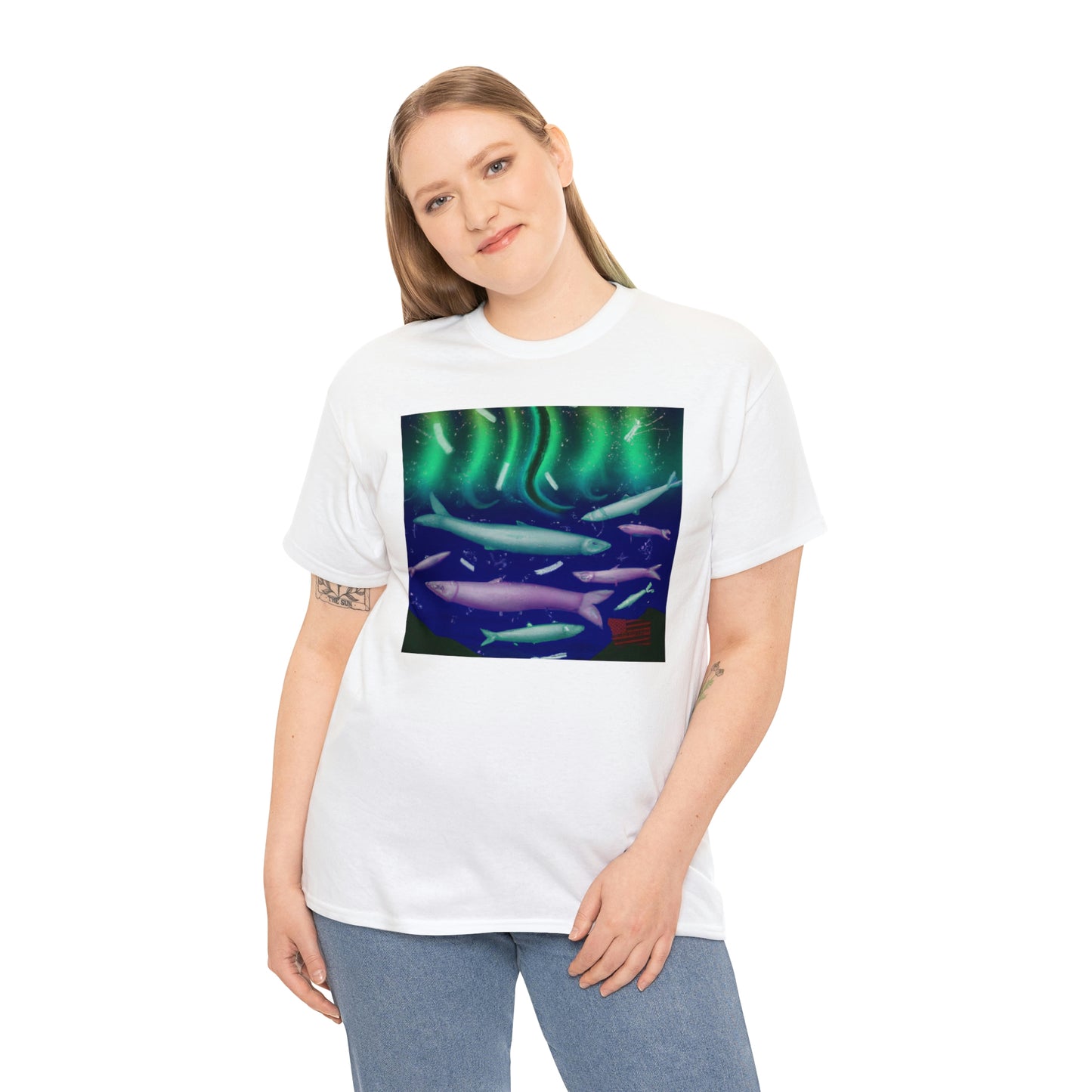 SharkWhisperer Fish - A unique fish with a smooth white body, black fins, and two large, light blue eyes. It has the ability to communicate with sharks using a series of whistles, clicks, and other forms - Tshirt